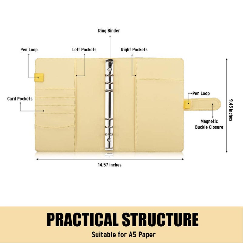 Sooez A5 Notebook Photocard Binder, 6 Ring Planner, Stylish Loose Leaf Personal Organizer Cover with Magnetic Buckle, PU Leather Binder Women with Soft Colors (Yellow) - Image 2